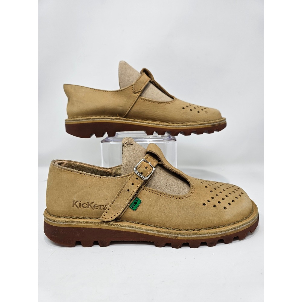 VTG Y2K Kickers Tan Leather Mary Jane‎ Cutout Buckle Shoes Women Size 7